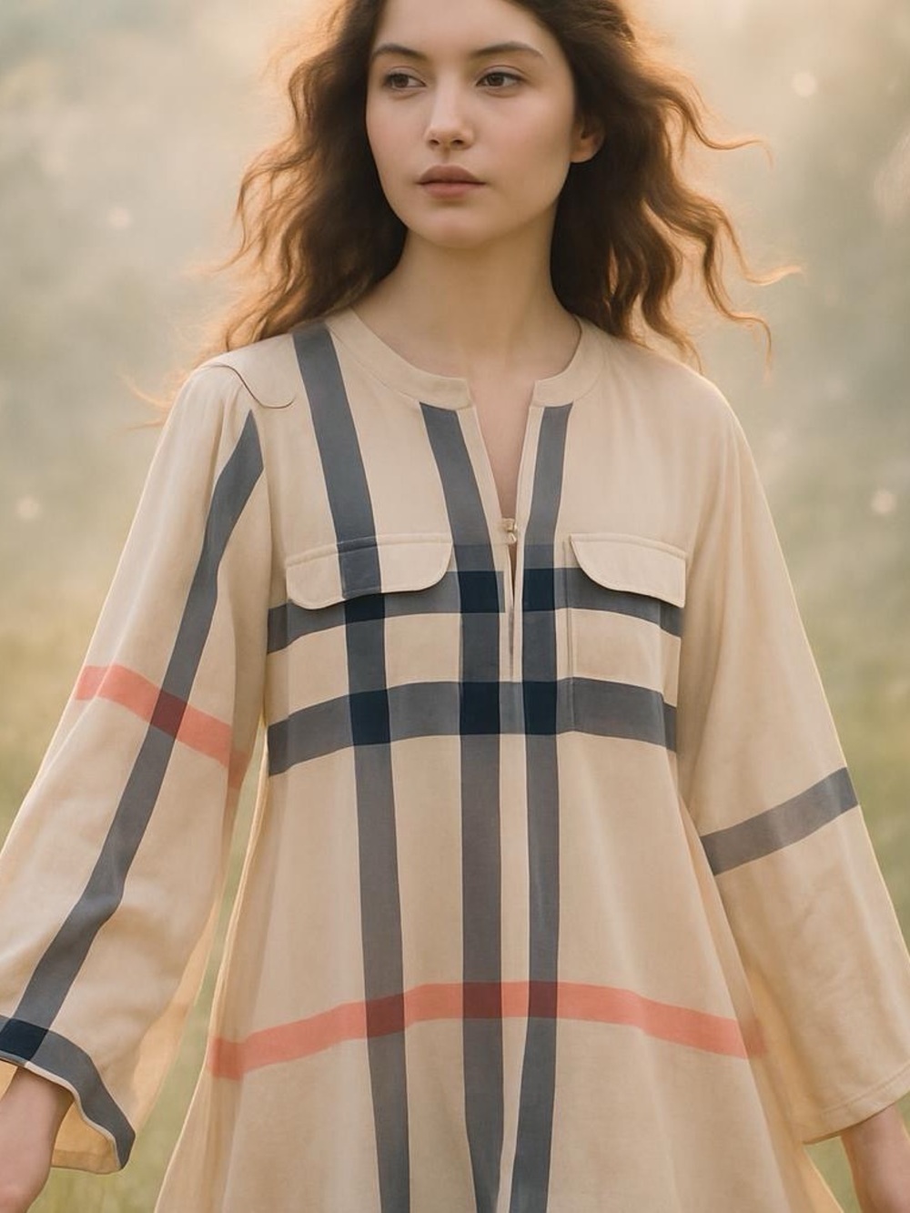 Baikea Womens Plaid Quarter Zip Tunic Blouse Cream Grey Pink Roll Tab Sleeve M